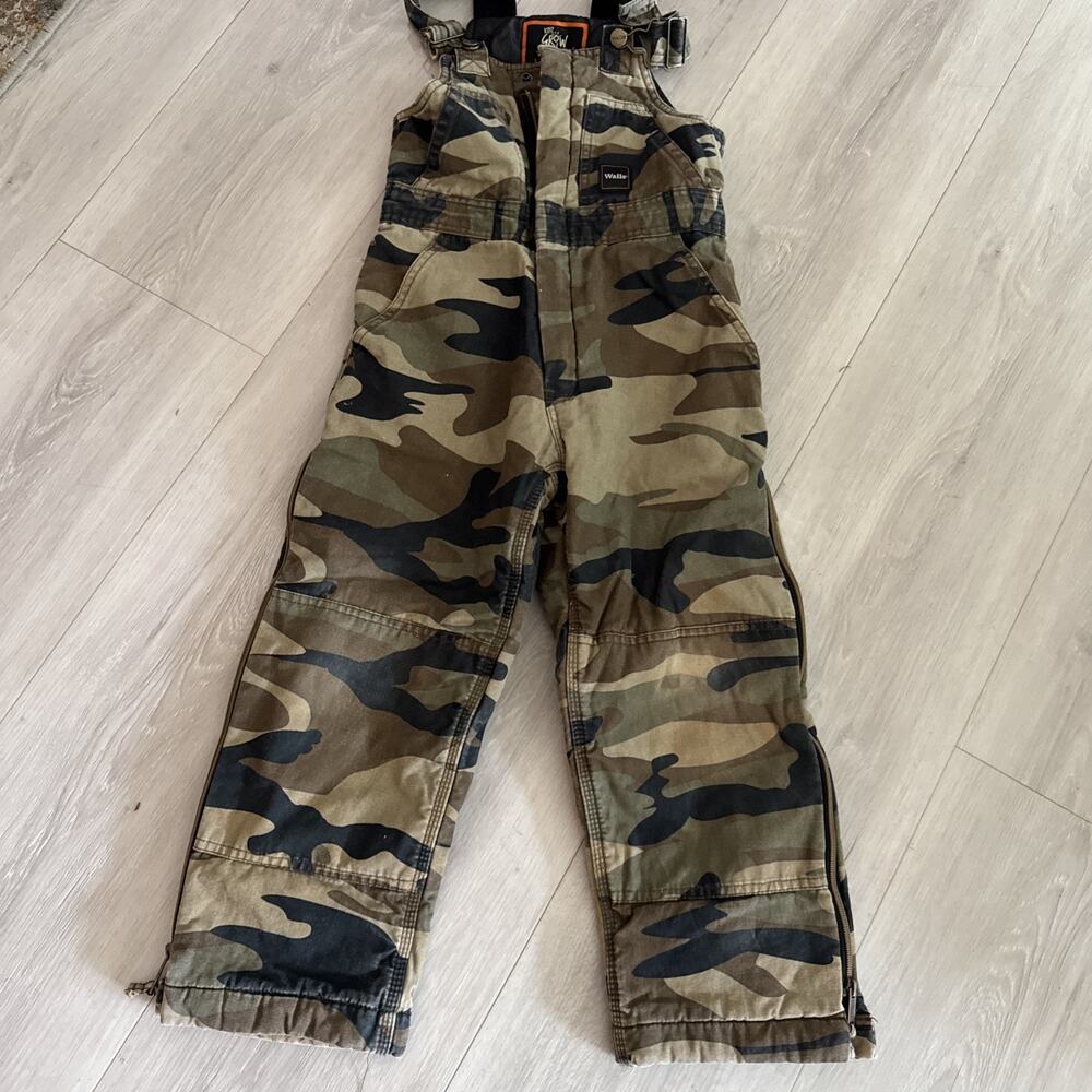 Walls Tough Wear Boys Insulated Overalls Bibb Camo Brown Size M Quilt Lined